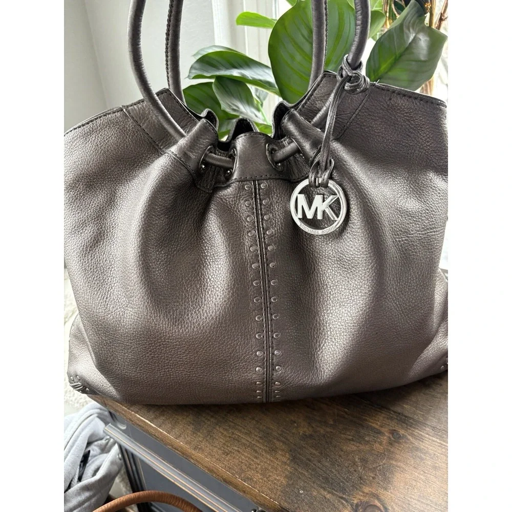 Michael Kors Metallic Pewter Pebbled Leather Studded Double Handle Tote Handbag